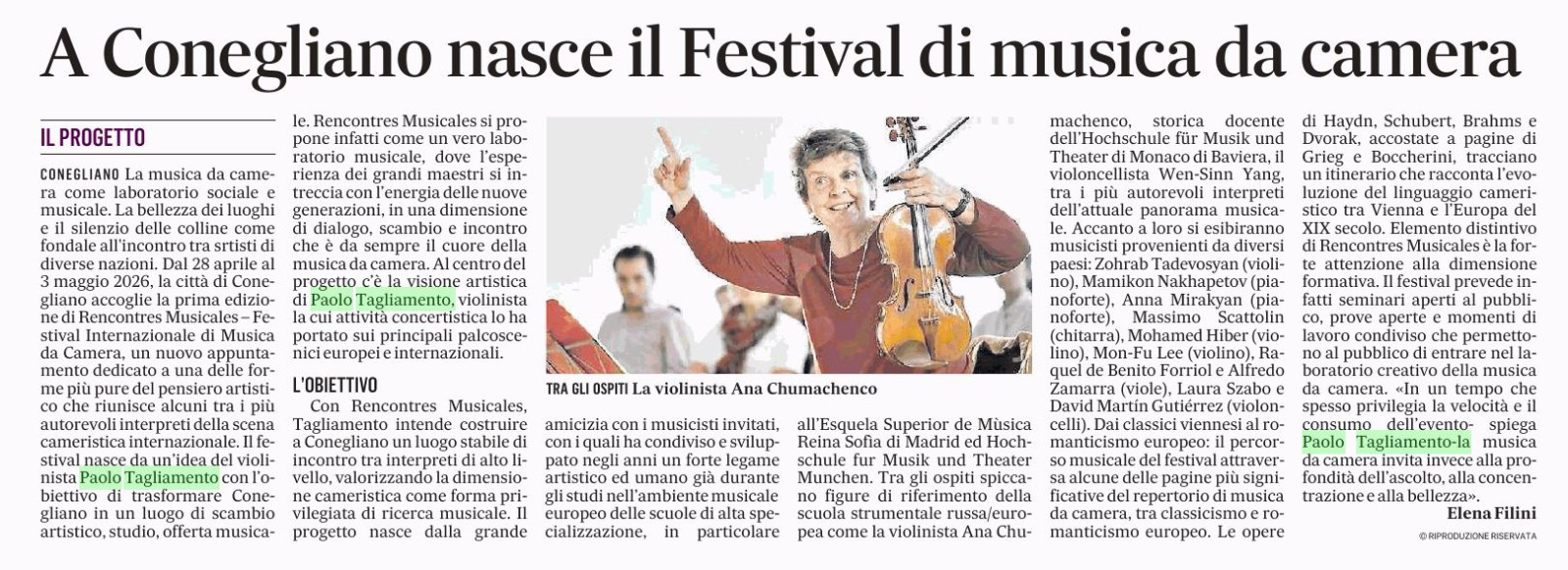 Rencontres Musicales – citazione nel Gazzettino di oggi - Conegliano Classica APS